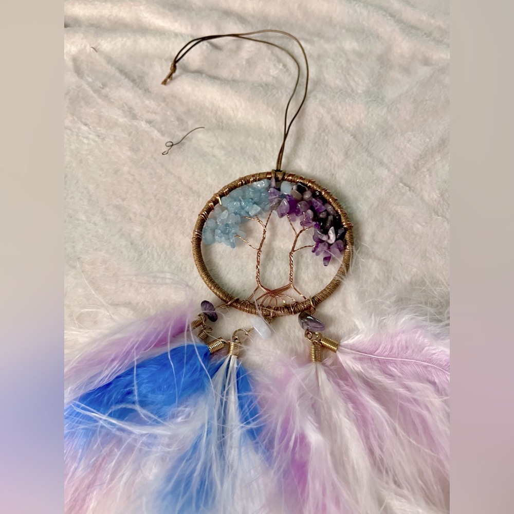 Tree of Life Crystal Dreamcatcher with Blue and Pink Feathers